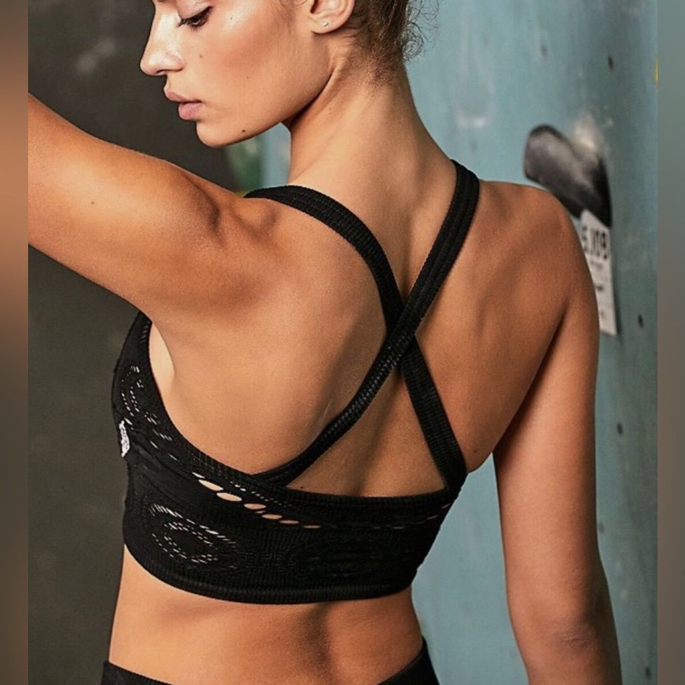 Free People FP Movement Crochet My Way Black Laser Cut Bra Lined Bralette XS/S
